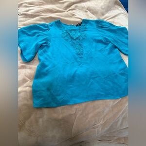 Nanette Lepore Vibrant Blue Lace Accent Art Deco Flutter Sleeve Blouse 4